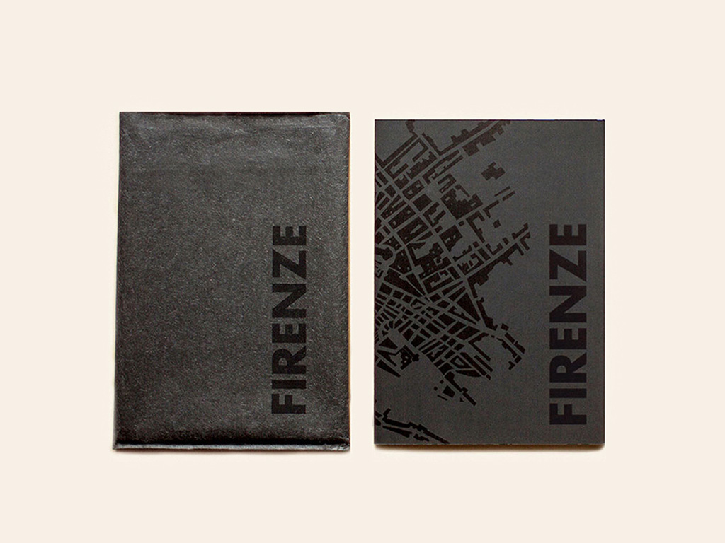 Black felt outer envelope and black book cover with the word 'Firenze'