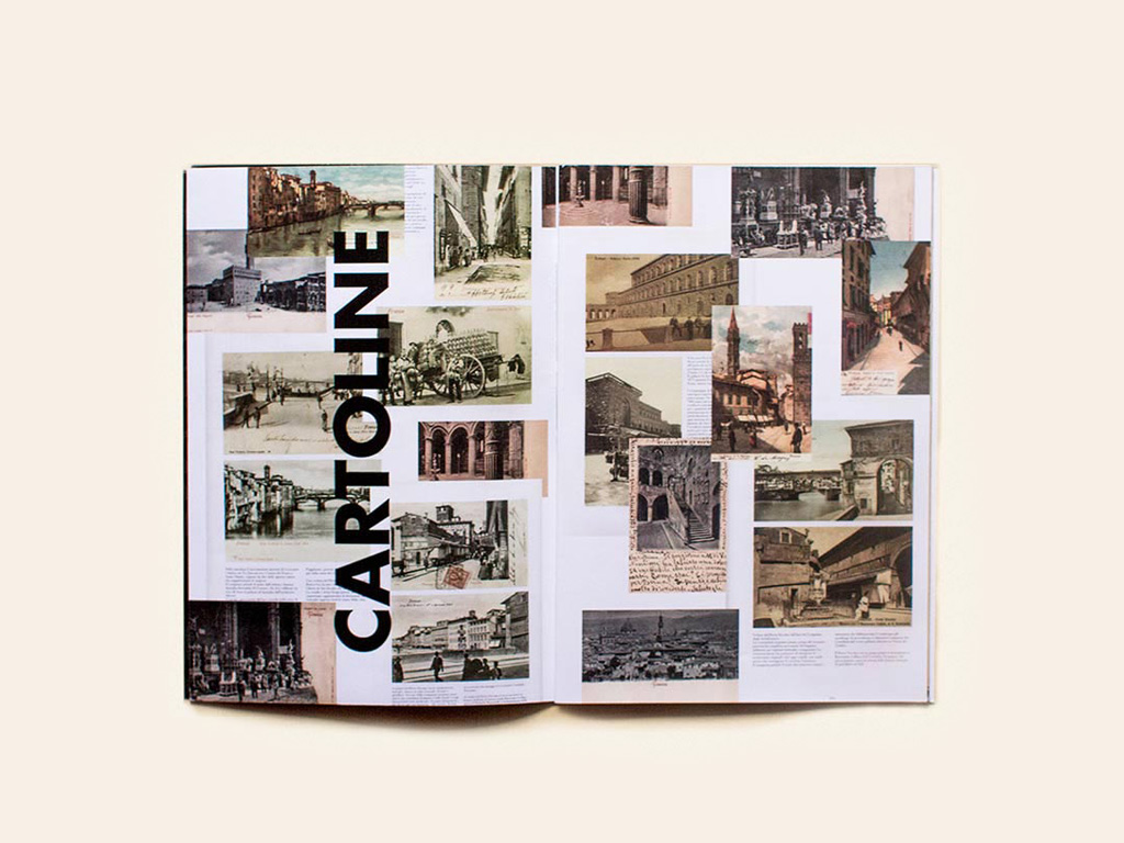 Double-page spread with a composition of vintage postcards of Florence