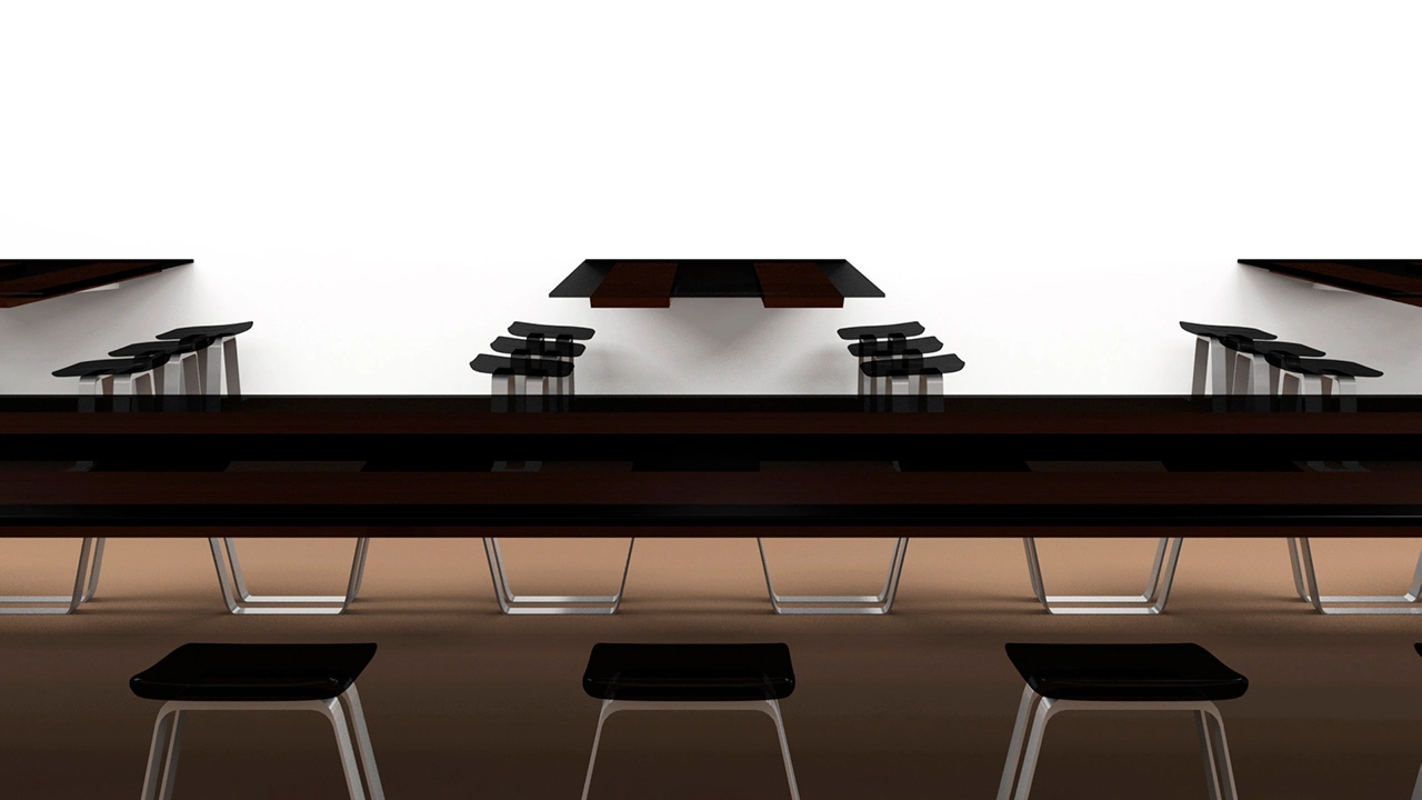 3D rendering with a minimal glass table and chairs