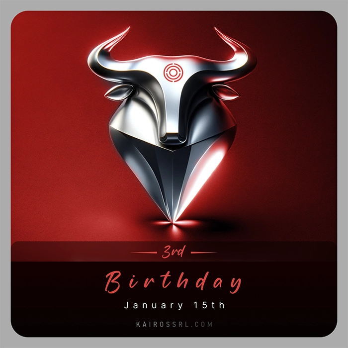 A stylized steel bull on a red background with text at the bottom celebrating the third anniversary of Kairos