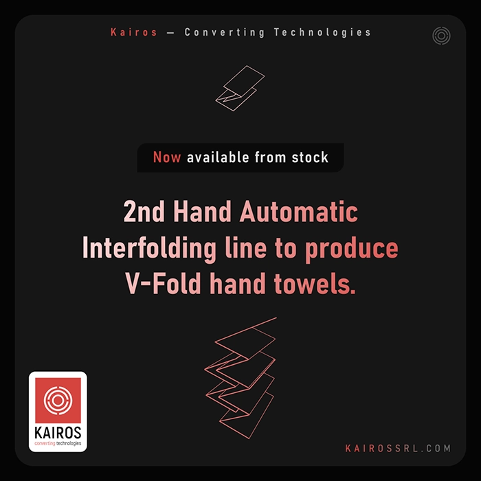 A graphic composition on a black background with a red gradient text with this title: 2nd automatic interfolding line to produce V-Fold hand towels