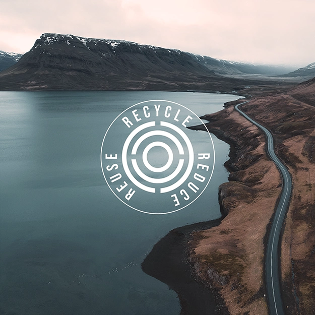 Background with the sea and mountains, a logo in the center, and three words: reduce, recycle, reuse