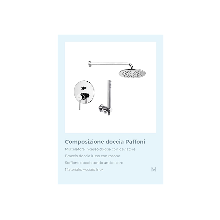 Graphic composition featuring a shower head, accompanied by descriptive text